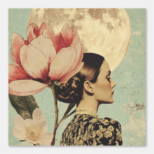 Moonlit Beauty - Frau mit rosa Blume und Mond Tapete