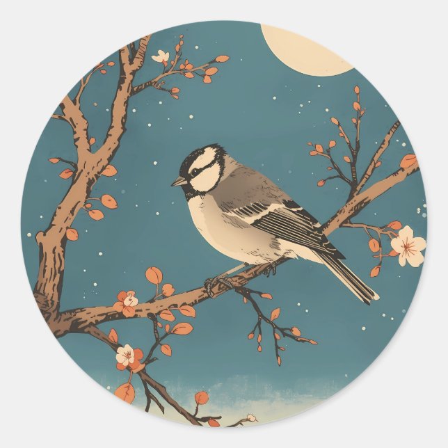 Moonlit Bird on Blossom Branch Stickers (Vorderseite)