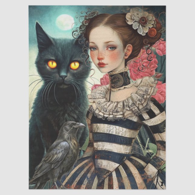 Moonlit Black Cat Goth Girl & Raven Decoupage Seidenpapier (Vorderseite)