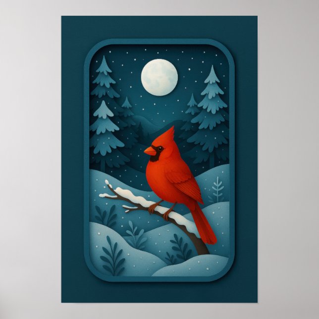 Moonlit Cardinal in Winter Forest Poster (Vorne)