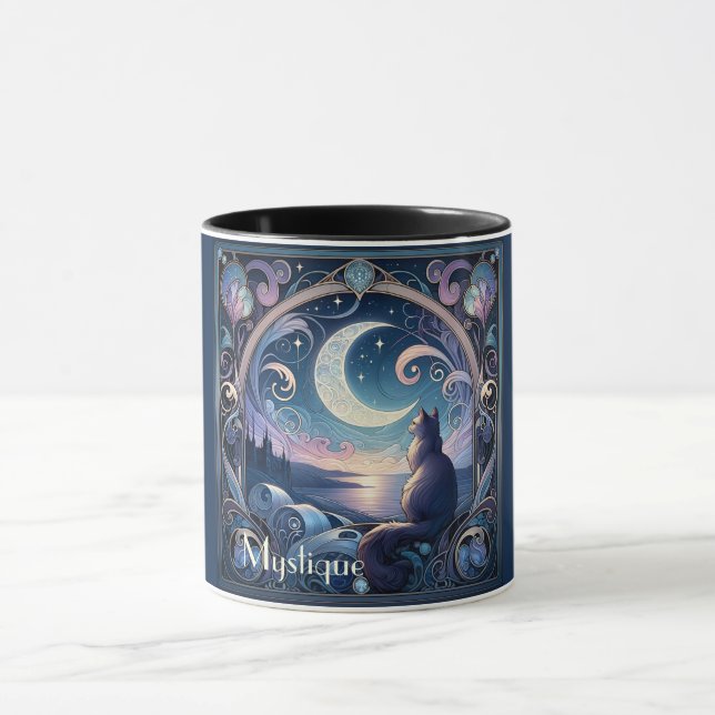 Moonlit Cat Fantasy Blue Art Nouveau Tasse (Zentrum)
