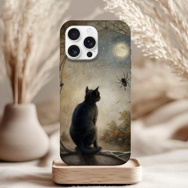 Moonlit Cat Phone Case - Mystical Familiary Design (Moonlit Cat Phone Case – Mystical Familiar Design on a table with neutral boho decor.)