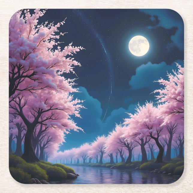 Moonlit Cherry Blossom Anime Landschaft Rechteckiger Pappuntersetzer (Vorderseite)