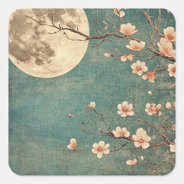 Moonlit Cherry Blossom Serenity Quadratischer Aufkleber (Vorderseite)