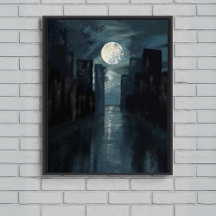 Moonlit City Night - Dark Blue Leinwand Wall Art
