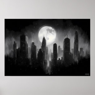 Moonlit City Skyline mit Vollmond - Schwarz-weiß Poster