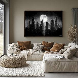 Moonlit City Skyline mit Vollmond - Schwarz-weiß Poster