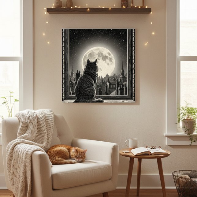Moonlit Cityscape Cat Poster Black & White Noir  (Von Creator hochgeladen)