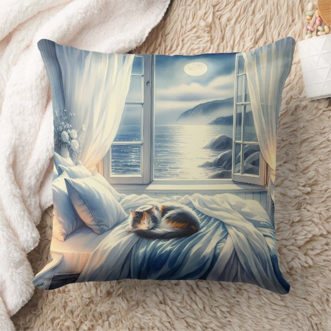 Moonlit Coastal Bedroom with Sleeping Cat Kissen (Decke)
