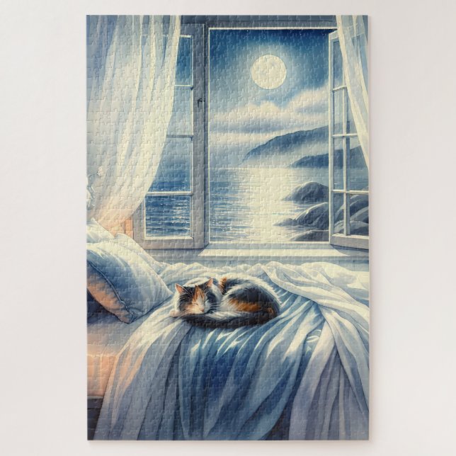 Moonlit Coastal Bedroom with Sleeping Cat Puzzle (Vertikal)