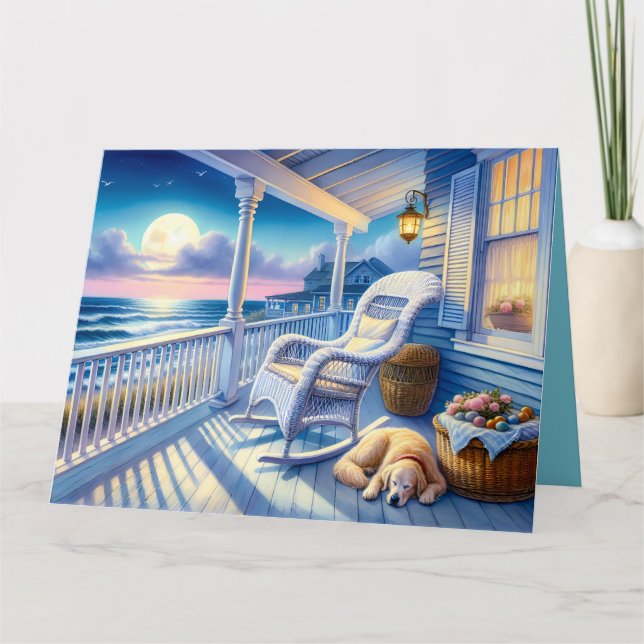 Moonlit Coastal Porch mit Hund & Ocean View Dankeskarte (Vorderseite)