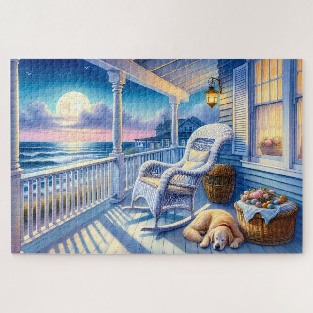 Moonlit Coastal Porch mit Hund & Ocean View Puzzle (Horizontal)