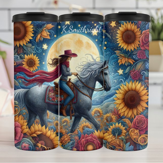Moonlit Cowgirl Sonnenblume Pferdereiten Thermosbecher (Von Creator hochgeladen)