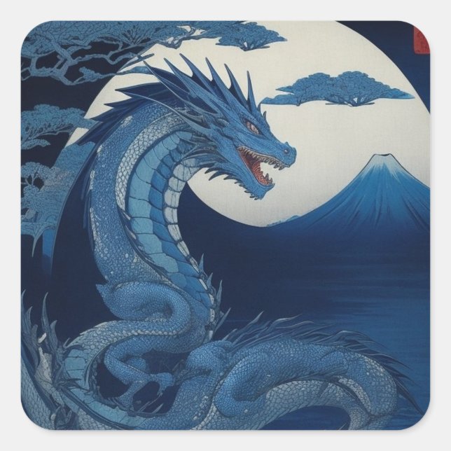 Moonlit Dragon of Fuji Square Sticker (Vorderseite)