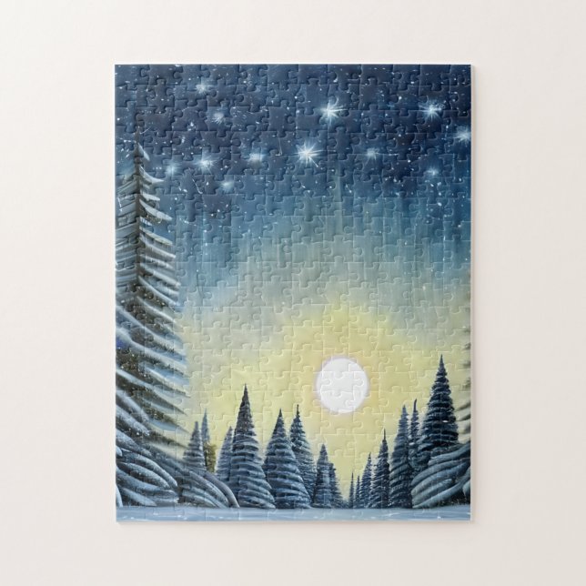 Moonlit Evergreen Snowscape Under The Night Stars Puzzle (Vertikal)