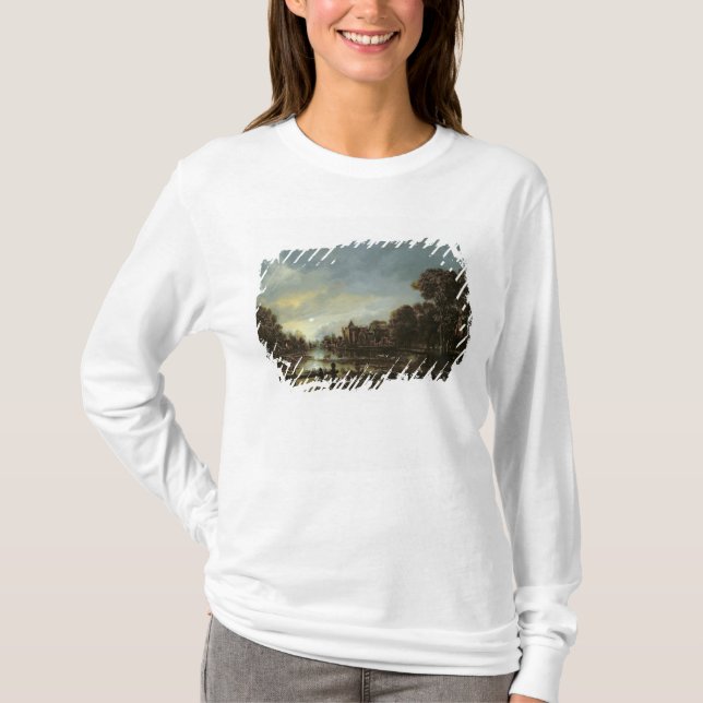 Moonlit Fluss-Landschaft mit Hütten T-Shirt (Vorderseite)