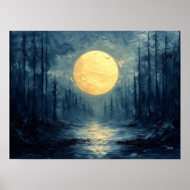 Moonlit Forest Reflection - Abstrakt Blue & Gold Poster (Vorne)