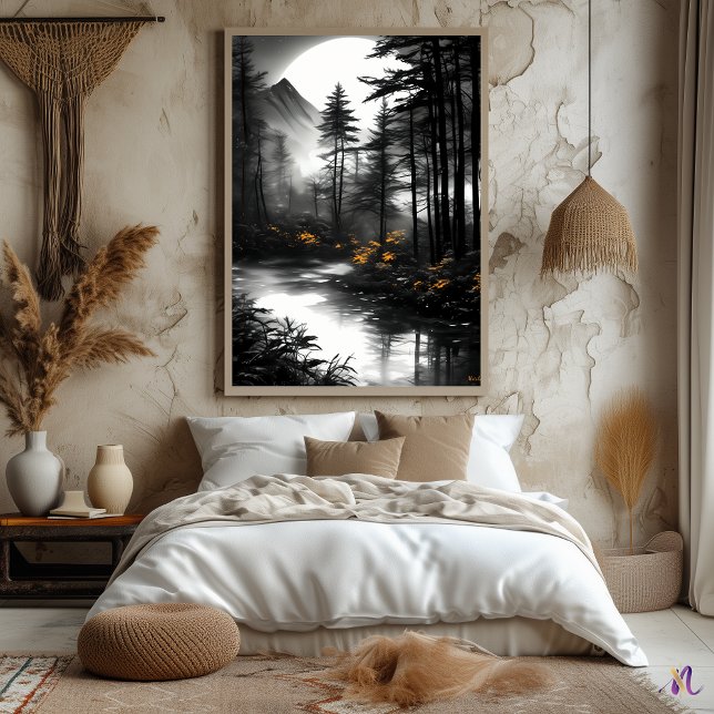 Moonlit Forest Reflection - monochrome Gelassenhei Poster (Von Creator hochgeladen)
