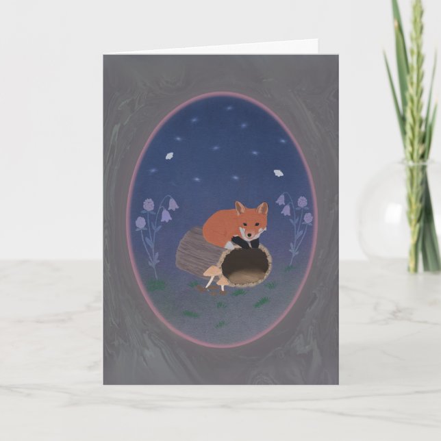Moonlit Fox on Woodland Log 5x7 Greeting Card Karte (Vorderseite)