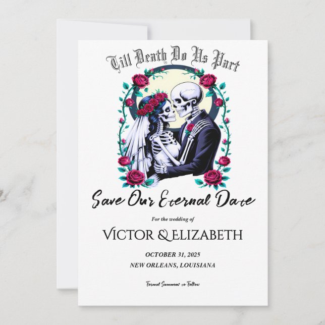 Moonlit Gothic Skeleton & Rose Hochzeit Save The Date (Vorderseite)