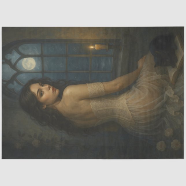 Moonlit Gotische Dame mit schwarzer Katze - Hexe Seidenpapier (Vorderseite)