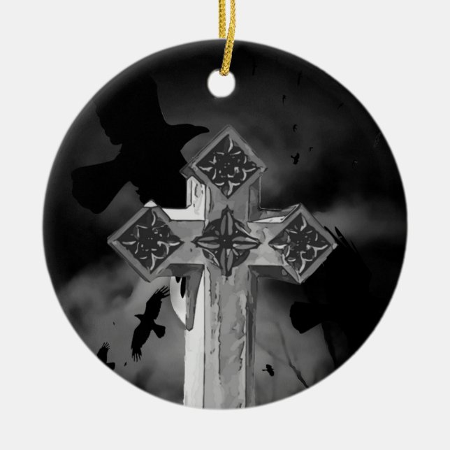 Moonlit GraveYard Gothic Cross mit Krähen Keramik Ornament (Vorne)