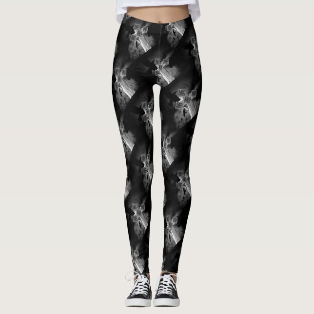 Moonlit GraveYard Gothic Cross mit Krähen Leggings (Vorderseite)