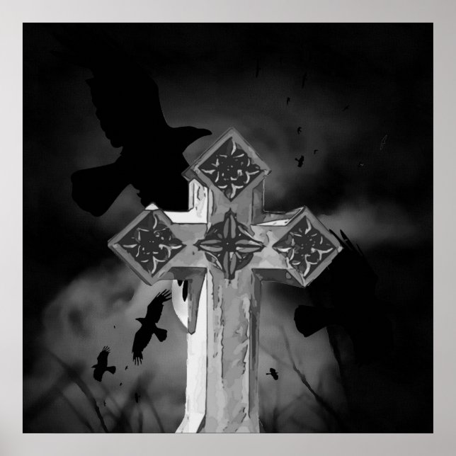 Moonlit GraveYard Gothic Cross mit Krähen Poster (Vorne)