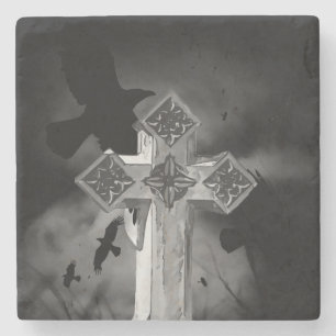 Moonlit GraveYard Gothic Cross mit Krähen Steinuntersetzer