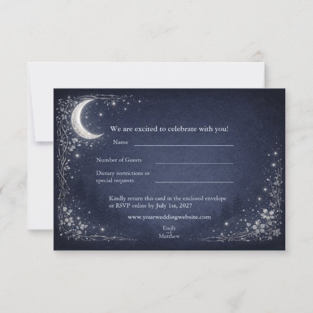 Moonlit Grove Celestial Woodland Wedding RSVP Card Dankeskarte (Vorderseite)