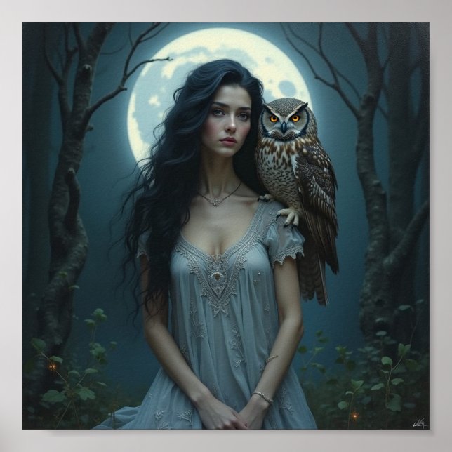 Moonlit Guardian – Fantasy Woman & Owl Art Poster (Vorne)