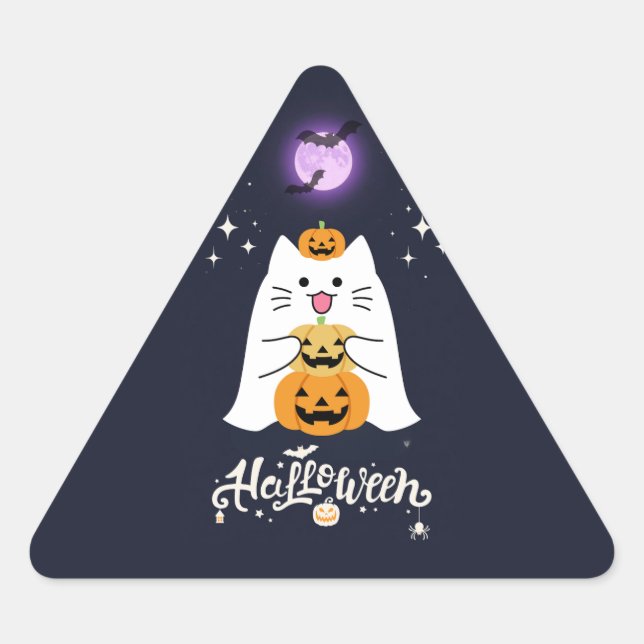 Moonlit Halloween Cat – Spooky & Sweet Night Dreieckiger Aufkleber (Vorderseite)