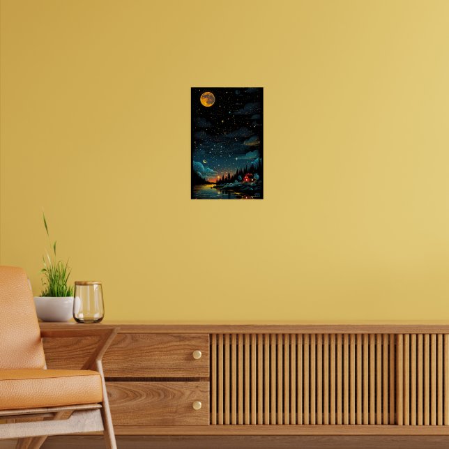 Moonlit Hütte am See - Starry Night Forest Poster (Wohnzimmer 2)