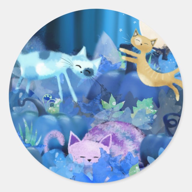 Moonlit Katzen und Kätzchen Runder Aufkleber (Vorderseite)