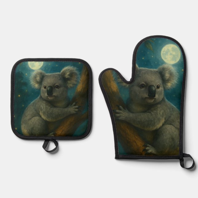 Moonlit Koala Perch Ofenhandschuh & Topflappen-Set (Vorderseite)