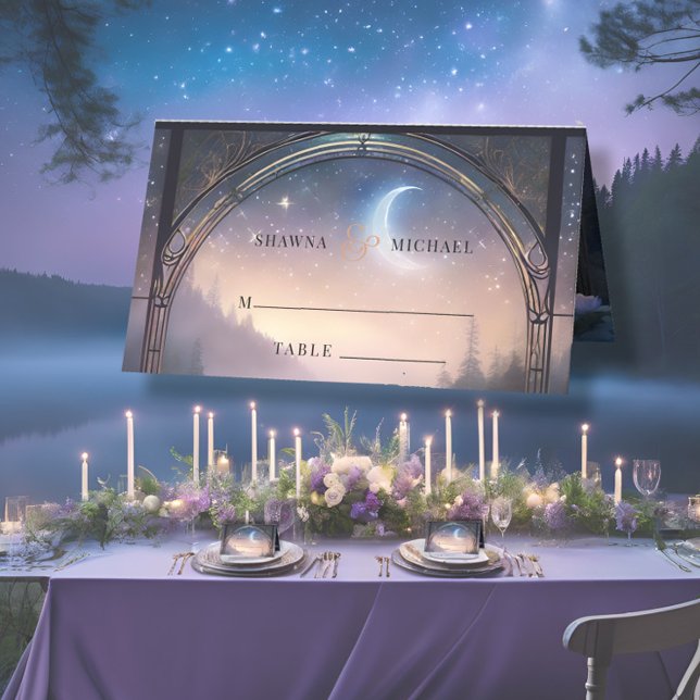 Moonlit Lake Forest Fantasy Hochzeitsempfang Platzkarte (Von Creator hochgeladen)