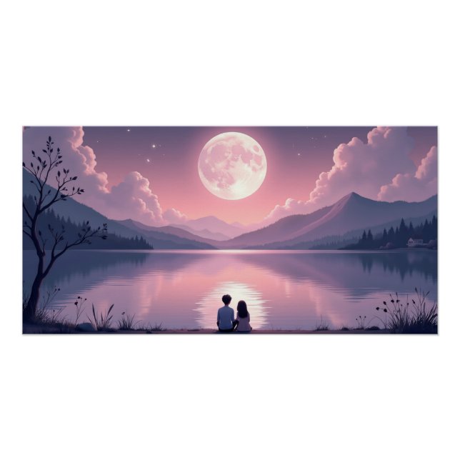 Moonlit Lake Romantic Night Valentine’s Day  Poster (Vorderseite)