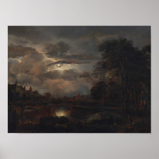 Moonlit Landschaft mit Brücke Poster