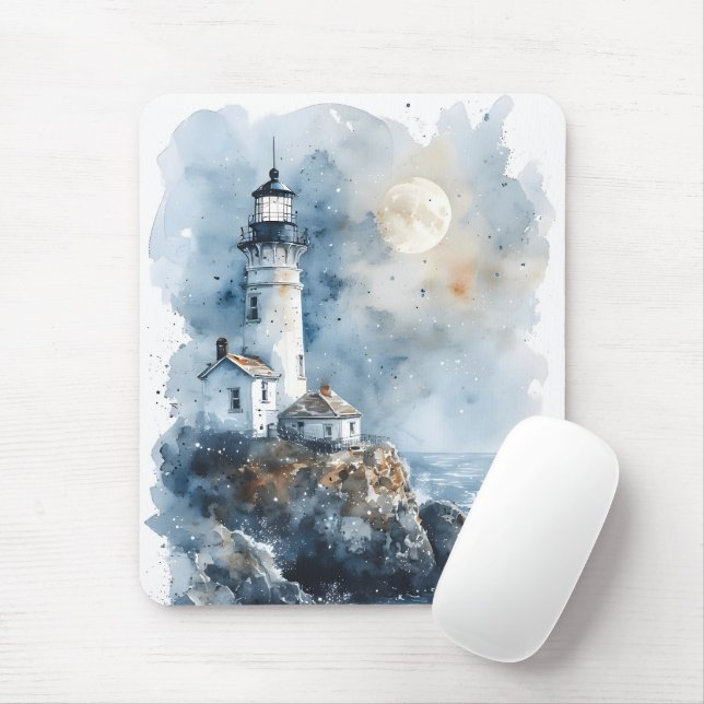 Moonlit Lighthouse an der Rocky Coastline Mousepad (Mit Mouse)