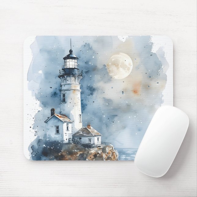 Moonlit Lighthouse an der Rocky Coastline Mousepad (Mit Mouse)