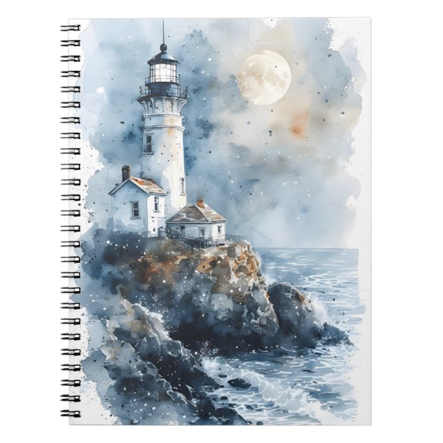 Moonlit Lighthouse an der Rocky Coastline Notizblock (Vorderseite)