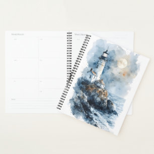 Moonlit Lighthouse an der Rocky Coastline Planer