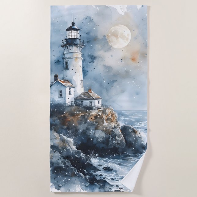 Moonlit Lighthouse an der Rocky Coastline Strandtuch (Vorderseite)