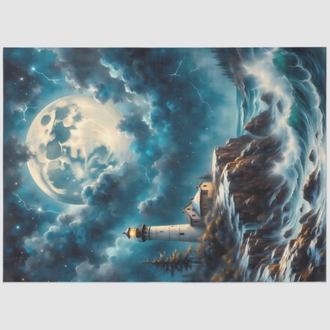 Moonlit Lighthouse Cliff – Fantasy Night Seascape  Seidenpapier (Vorderseite)
