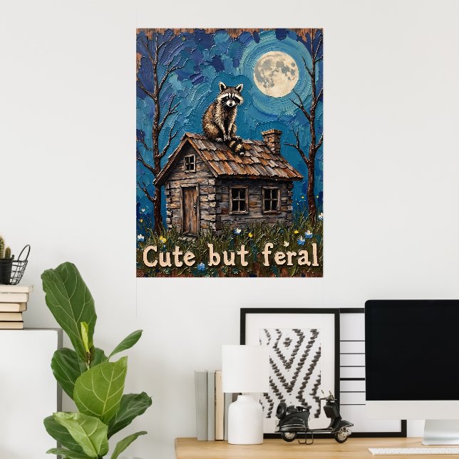 Moonlit Lookout: Raccoon auf dem Dach der Kabine Poster (Heimbüro)