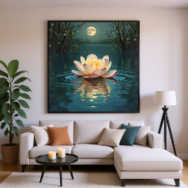 Moonlit Lotus Blume über Wasser - ruhige Nacht Poster
