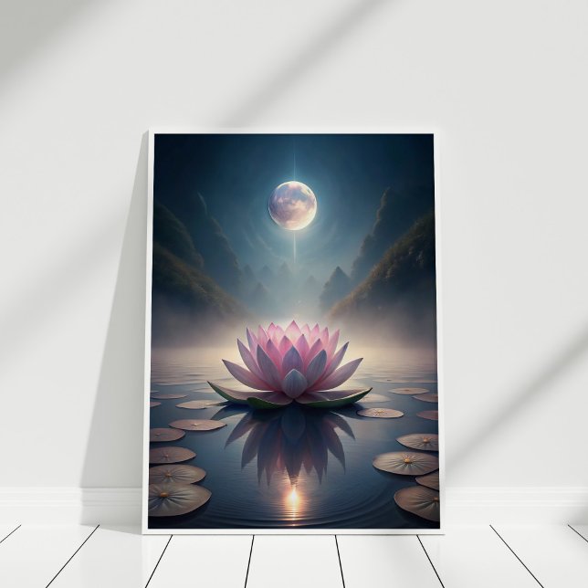 Moonlit Lotus Garden - Ruhige Lage am Lunar Poster (Moonlit Lotus Garden – Tranquil Lunar Reflection Poster in a white wooden frame)