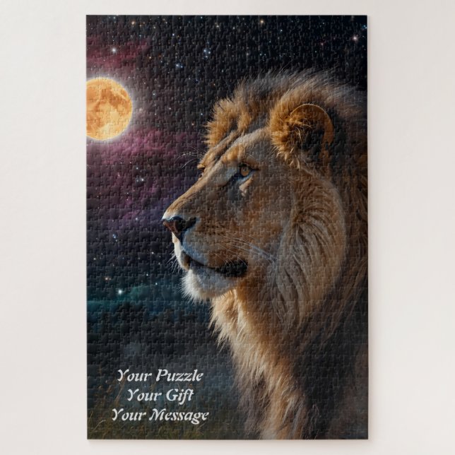 Moonlit Majestät - Regal Lion Under a Starry Sky Puzzle (Vertikal)