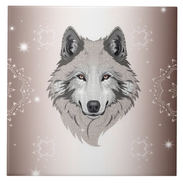 "Moonlit Majestät: Schimmerende Wolf Keramik Tile Fliese (Vorderseite)