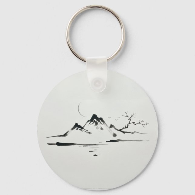 "Moonlit Mountains: Sumi-e Landscape" Schlüsselanhänger (Vorderseite)